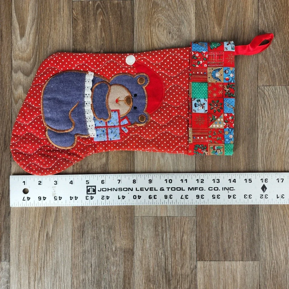 Vintage Quilted Christmas Stocking Red Polka Dot Denim Teddy Bear Patchwork Cuff